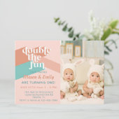 Retro Boho Tweeling Verjaardagsfeest Foto Uitnodig Kaart (Staand voorkant)