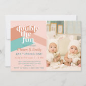 Retro Boho Twins Verjaardagsfeest Foto uitnodiging (Voorkant)