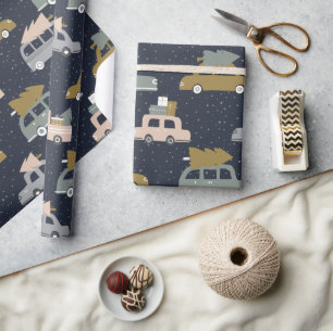 Retro Boho Vintage Auto en Kerstboom Patroon Cadeaupapier