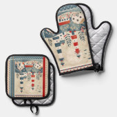 Retro Boho Vuurtoren Nautisch Ovenwant & Pannenlap Set (Voorkant / Achterkant)