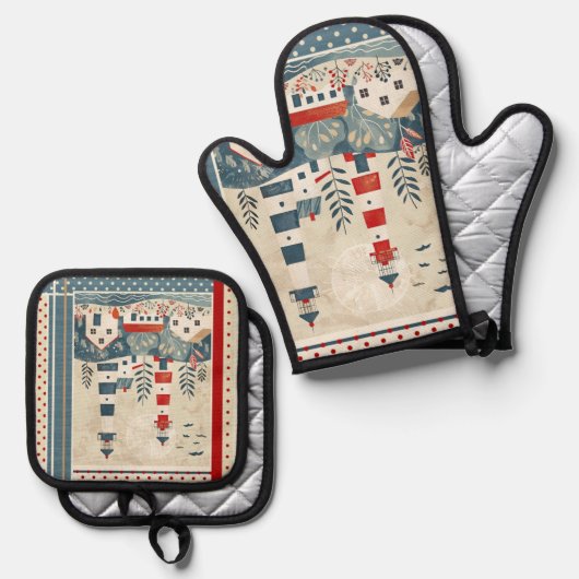 Retro Boho Vuurtoren Nautisch Ovenwant & Pannenlap Set (Voorkant / Achterkant)