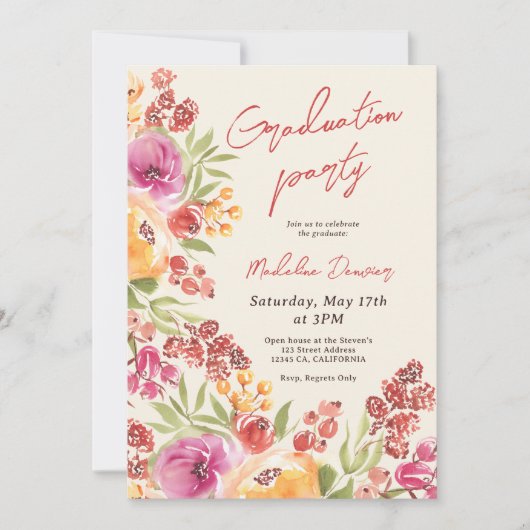 Retro Boho Waterverf Floral 3 foto's Afstuderen Kaart (Voorkant)