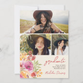 Retro Boho Waterverf Floral 3 foto's Afstuderen Kaart (Achterkant)