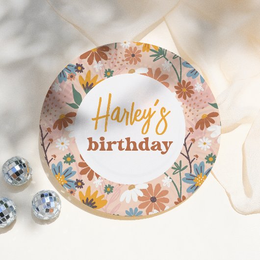 Retro Boho Wildflower Meisje Verjaardagsfeest Papieren Bordje