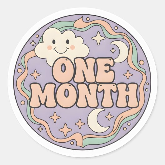 Retro Boho Wolk Baby Eén Maand Mijlpaal Ronde Sticker (Voorkant)