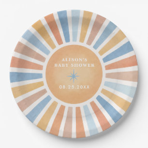 Retro Boho Zonneschijn Jongens Baby Shower Papieren Bordje