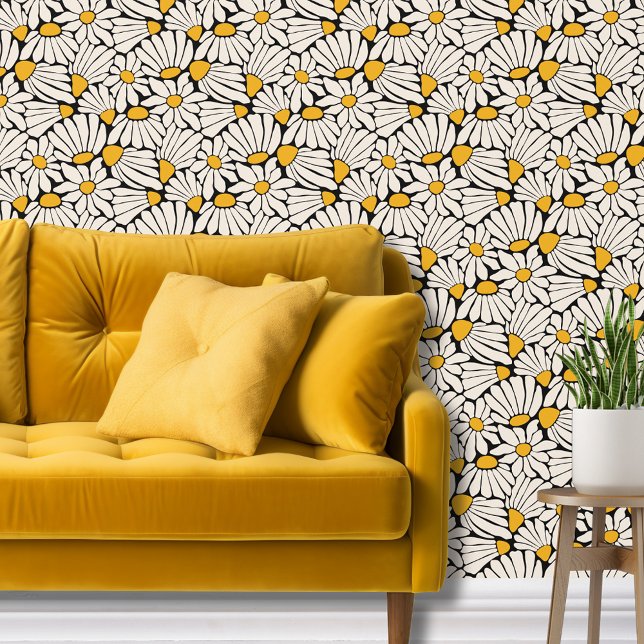 Retro boho zwart geel botanische abstracte bloemen behang (Modern block print daisy floral wallpaper with a retro vibe in black, mustard yellow and cream.)