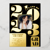 Retro bold 2023 gouden zwarte 5 foto's afstuderen folie uitnodiging (Voorkant)