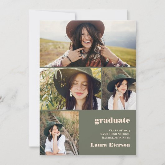 Retro bold 2023 groen beige 5 foto's afstuderen kaart (Achterkant)