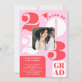 Retro bold 2023 roze rood 5 foto's afstuderen kaart (Voorkant)