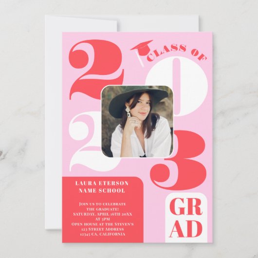 Retro bold 2023 roze rood 5 foto's afstuderen kaart (Voorkant)