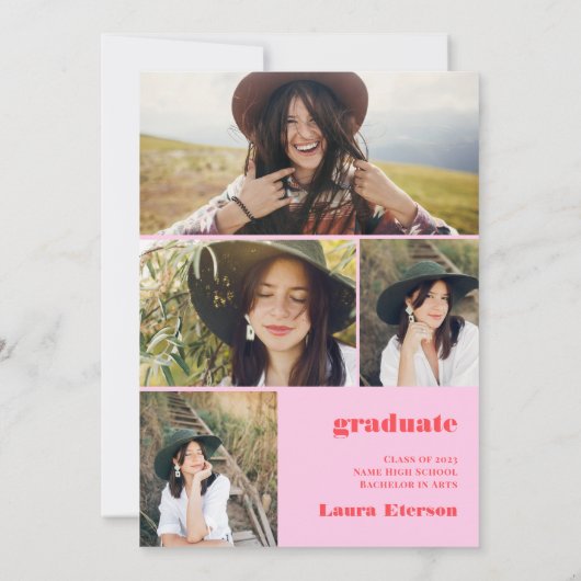 Retro bold 2023 roze rood 5 foto's afstuderen kaart (Achterkant)