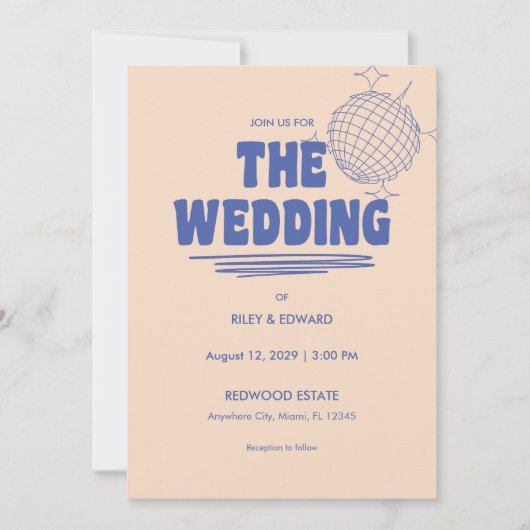 Retro Bold Blauw & Beige Wedding Kaart (Voorkant)