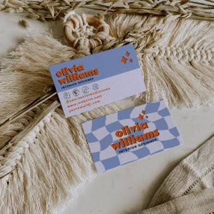 Retro Bold Blauw Oranje Groovy Geruite Uniek Plezi Visitekaartje