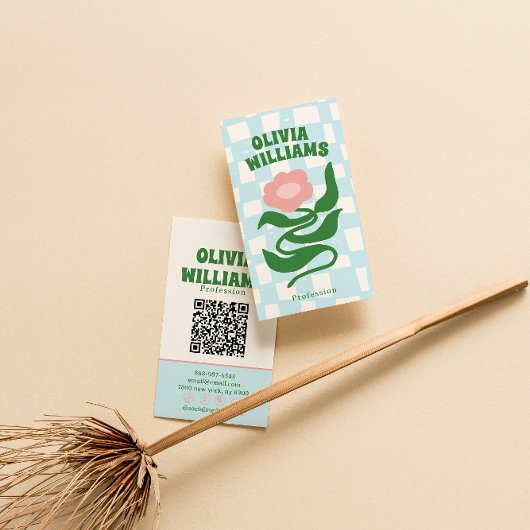 Retro Bold Boho QR Code Groovy Geruite Bloemig Visitekaartje