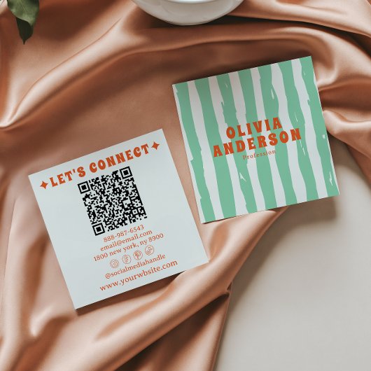 Retro Bold Green Boho Groovy Trendy Unieke QR-code Vierkante Visitekaartje