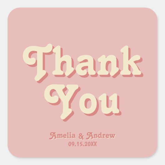 Retro Bold Groovy Koraal Roze 1970s Huwelijksgunst Vierkante Sticker (Voorkant)