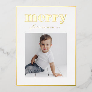 Retro Bold Merry Typografie Familie Foto Kerst Folie Feestdagen Briefkaart