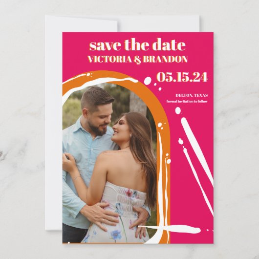 Retro Bold Neon Oranje roze pleister bruiloft Save The Date (Voorkant)