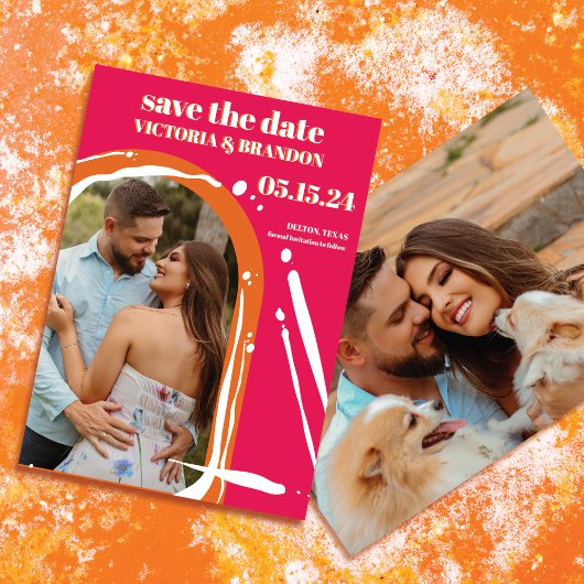 Retro Bold Neon Oranje roze pleister bruiloft Save The Date