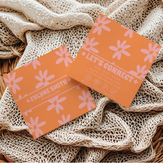 Retro Bold Pink Orange Groovy Floral Girly Funky Vierkante Visitekaartje