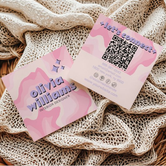 Retro Bold Pink Purple QR Code Groovy Girly Trendy Vierkante Visitekaartje