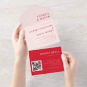 Retro Bold Pink & Red QR Code RSVP Trendy Weddensc All In One Uitnodiging (Afscheurbaar)
