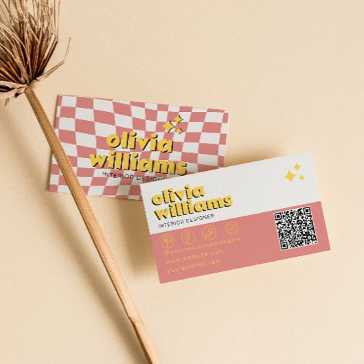 Retro Bold QR Code 70s Groovy Checkered Trendy Visitekaartje
