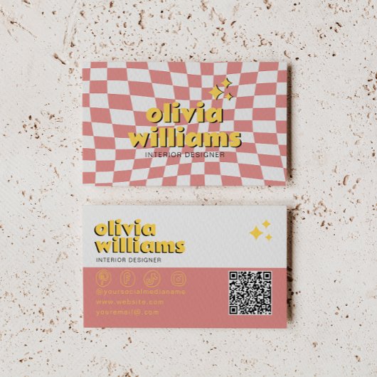 Retro Bold QR Code 70s Groovy Checkered Trendy Visitekaartje