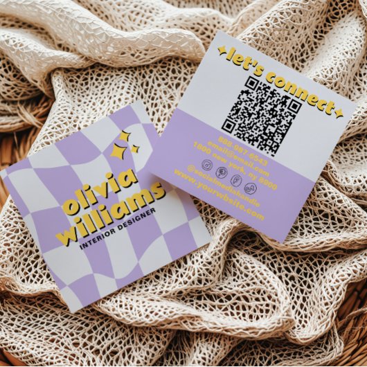 Retro Bold QR Code Groovy Checkered Boho Funky Vierkante Visitekaartje