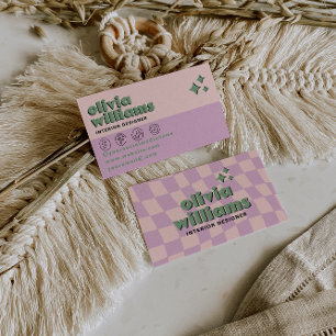 Retro Bold Roze Groen Boho Groovy Geruite Uniek Visitekaartje