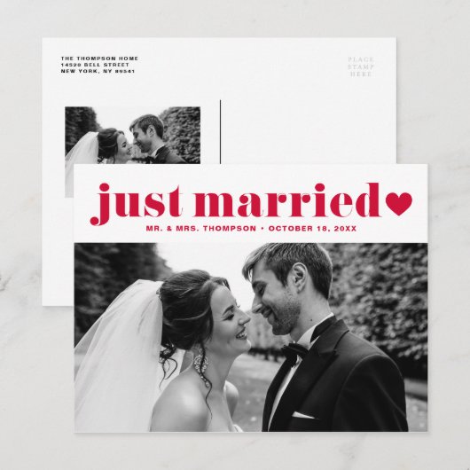 Retro Bold Typografie Red Just Married Foto Briefkaart (Voorkant / Achterkant)