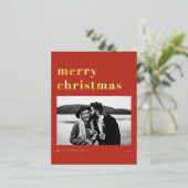 Retro Bold Typografie Red Merry kerstfoto Folie Feestdagen Briefkaart (Staand Voorkant)