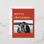 Retro Bold Typografie Red Merry kerstfoto Folie Feestdagen Briefkaart (Voorkant / Achterkant)