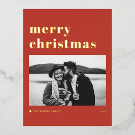 Retro Bold Typografie Red Merry kerstfoto Folie Feestdagen Briefkaart