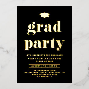 Retro Bold Typography Black Graduparty Folie Uitnodiging