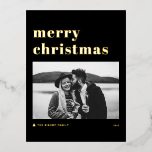 Retro Bold Typography Black Merry Kerstfoto Folie Feestdagen Briefkaart