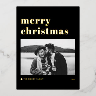Retro Bold Typography Black Merry Kerstfoto Folie Feestdagen Briefkaart