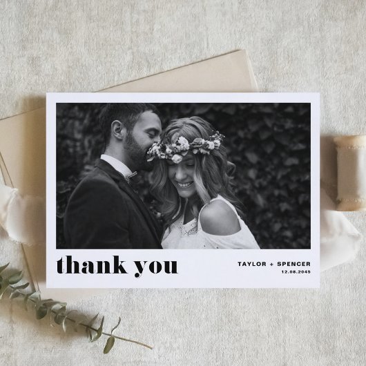 Retro Bold Typography Black Photo Wedding Bedankkaart