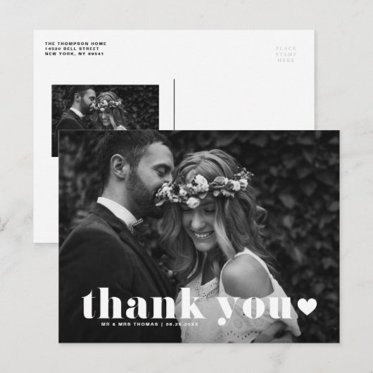 Retro Bold Typography Heart Wedding Bedankt Briefkaart (Voorkant / Achterkant)