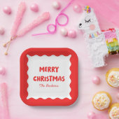 Retro Bold Wavy Red Fun Custom Merry Christmas Papieren Bordje (Feest)