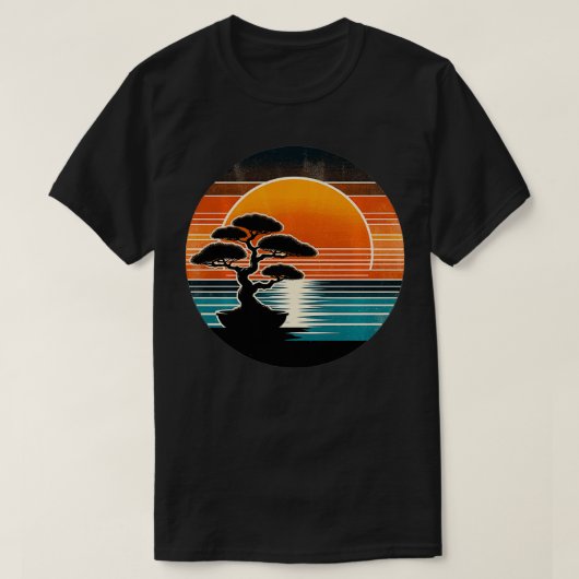 Retro Bonsai Boom Zonsondergang Kustcharme  Sty T-shirt (Design voorkant)