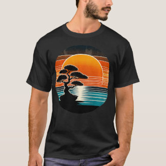 Retro Bonsai Boom Zonsondergang Kustcharme  Sty T-shirt