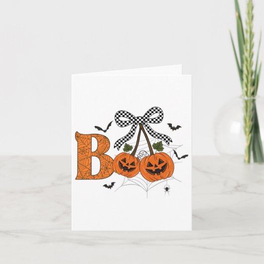 Retro Boo Ghost Pumpkin Cherries Bow Halloween Wom Kaart (Voorkant)