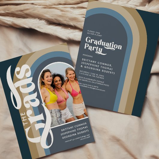 Retro Boog Foto 2025 Blauw Gezamenlijke Graduation Kaart