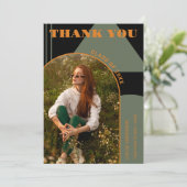 Retro boog Groen & Sinaasappel 2 foto Afstuderen Bedankkaart (Staand voorkant)