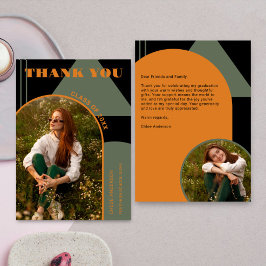 Retro boog Groen & Sinaasappel 2 foto Afstuderen Bedankkaart