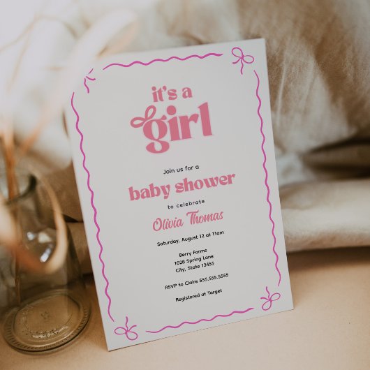 Retro Boog Roze Baby Meisje Shower Uitnodiging