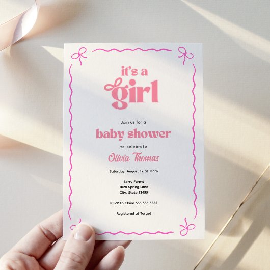 Retro Boog Roze Baby Meisje Shower Uitnodiging