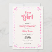 Retro Boog Roze Baby Meisje Shower Uitnodiging (Voorkant)